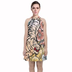 White Tiger Velvet Halter Neckline Dress  by ExtraGoodSauce