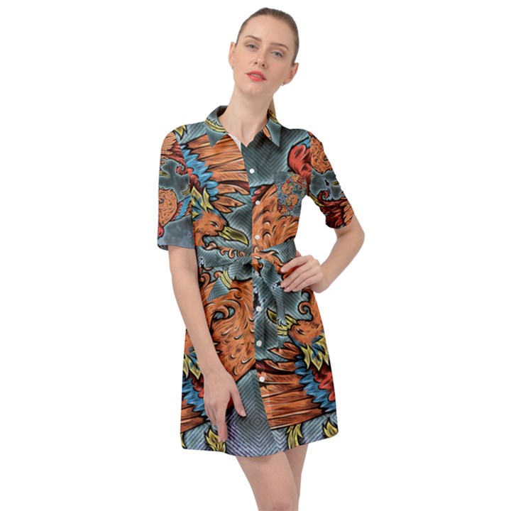 Chinese Phoenix Belted Shirt Dress