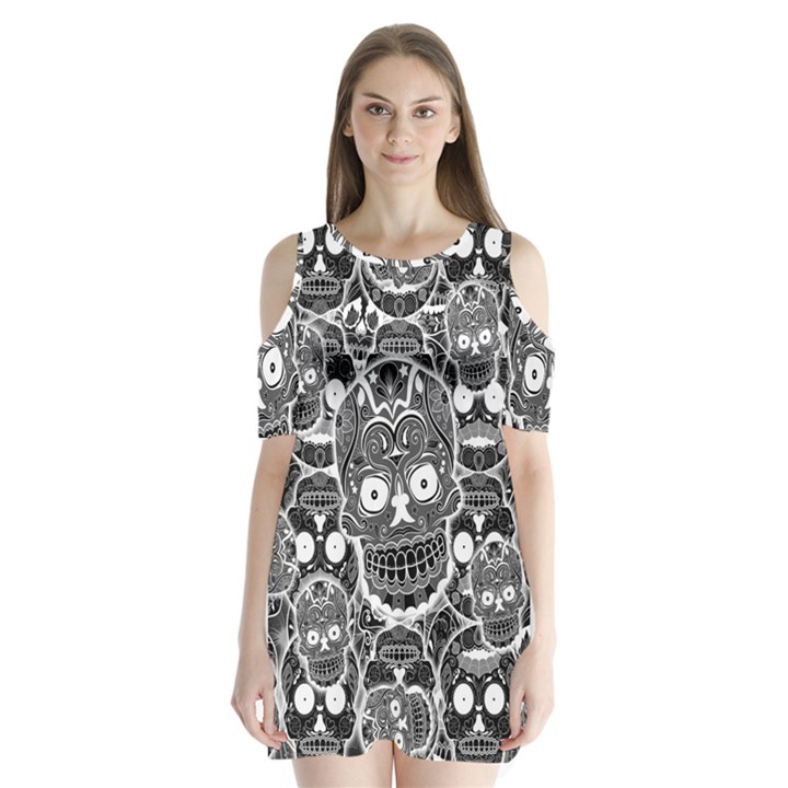 Sugar Skulls Bw Shoulder Cutout Velvet One Piece