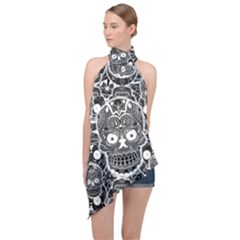 Sugar Skulls Bw Halter Asymmetric Satin Top by ExtraGoodSauce