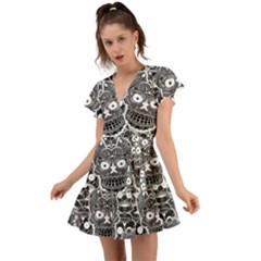 Sugar Skulls Bw Flutter Sleeve Wrap Dress by ExtraGoodSauce