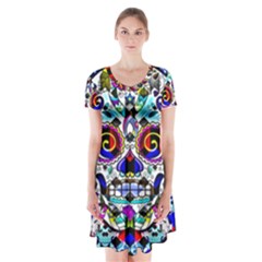 Sugar Skull Pattern 2 Short Sleeve V-neck Flare Dress by ExtraGoodSauce