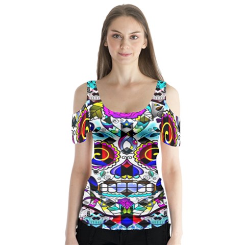 Sugar Skull Pattern 2 Butterfly Sleeve Cutout Tee  by ExtraAwesomeSauce