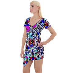 Sugar Skull Pattern 2 Short Sleeve Asymmetric Mini Dress by ExtraGoodSauce