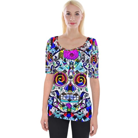 Sugar Skull Pattern 2 Wide Neckline Tee by ExtraGoodSauce