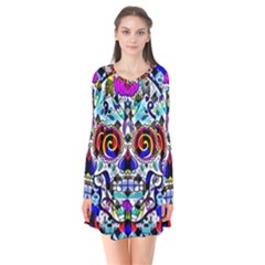 Sugar Skull Pattern 2 Long Sleeve V-neck Flare Dress by ExtraGoodSauce