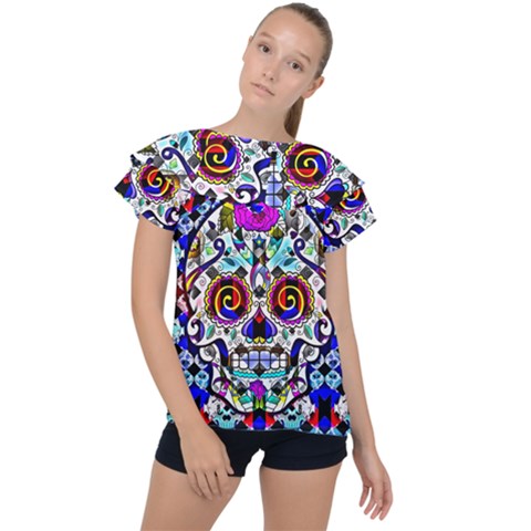 Sugar Skull Pattern 2 Ruffle Collar Chiffon Blouse by ExtraGoodSauce