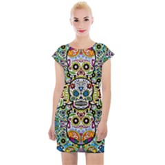 Sugar Skulls Pattern Cap Sleeve Bodycon Dress by ExtraGoodSauce