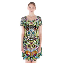 Sugar Skulls Pattern Short Sleeve V-neck Flare Dress by ExtraGoodSauce