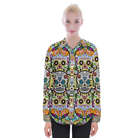 Sugar Skulls Pattern Womens Long Sleeve Shirt by ExtraGoodSauce