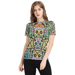 Sugar Skulls Pattern Women s Short Sleeve Rash Guard by ExtraGoodSauce