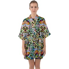 Sugar Skulls Pattern Half Sleeve Satin Kimono  by ExtraGoodSauce