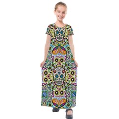 Sugar Skulls Pattern Kids  Short Sleeve Maxi Dress by ExtraGoodSauce