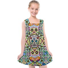 Sugar Skulls Pattern Kids  Cross Back Dress by ExtraGoodSauce