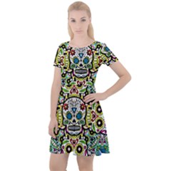 Sugar Skulls Pattern Cap Sleeve Velour Dress  by ExtraGoodSauce