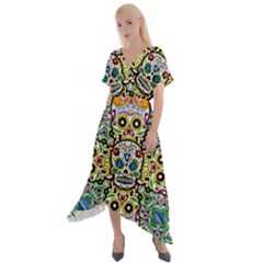 Sugar Skulls Pattern Cross Front Sharkbite Hem Maxi Dress by ExtraGoodSauce