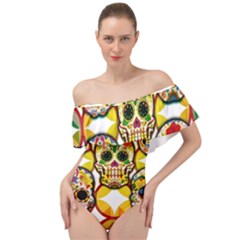 Sugar Skulls Off Shoulder Velour Bodysuit  by ExtraAwesomeSauce