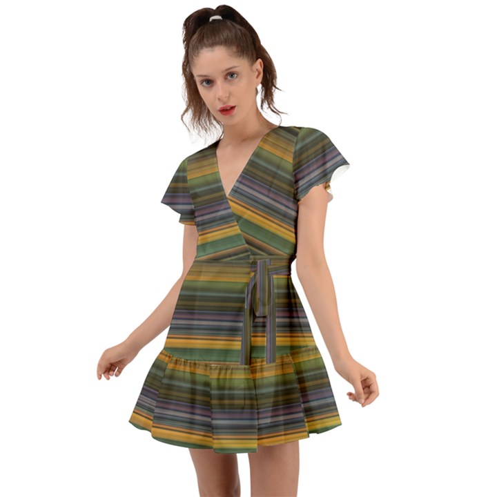 Multicolored Linear Abstract Print Flutter Sleeve Wrap Dress