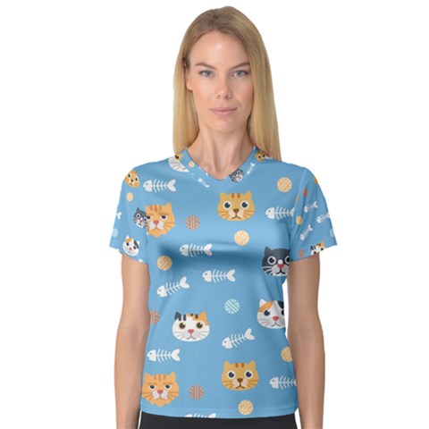 Cute Cat Pattern V-neck Sport Mesh Tee by ExtraGoodSauce