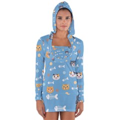 Cute Cat Pattern Long Sleeve Hooded T-shirt by ExtraGoodSauce