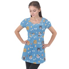 Cute Cat Pattern Puff Sleeve Tunic Top by ExtraAwesomeSauce