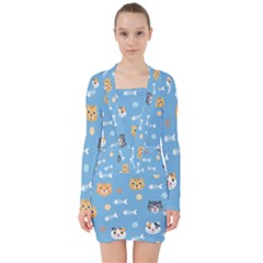 Cute Cat Pattern V-neck Bodycon Long Sleeve Dress by ExtraGoodSauce