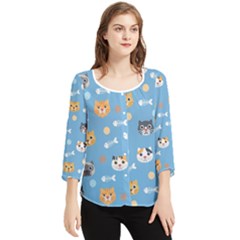 Cute Cat Pattern Chiffon Quarter Sleeve Blouse by ExtraGoodSauce