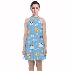 Cute Cat Pattern Velvet Halter Neckline Dress  by ExtraGoodSauce