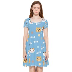 Cute Cat Pattern Inside Out Cap Sleeve Dress