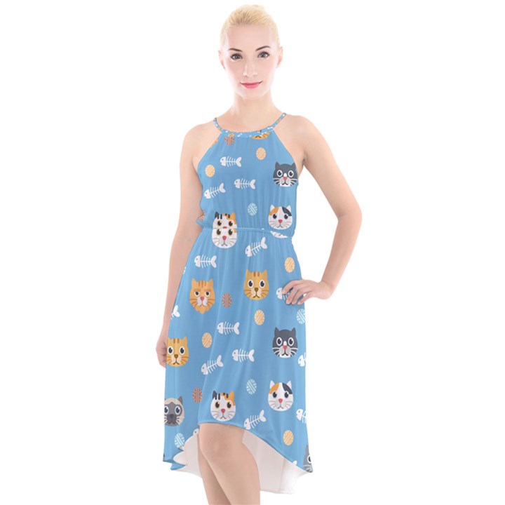 Cute Cat Pattern High-Low Halter Chiffon Dress 