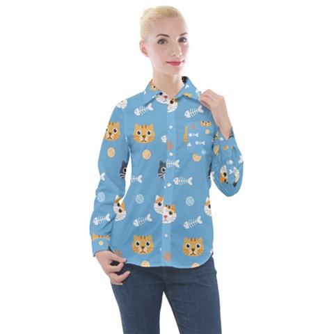 Cute Cat Pattern Women s Long Sleeve Pocket Shirt by ExtraGoodSauce