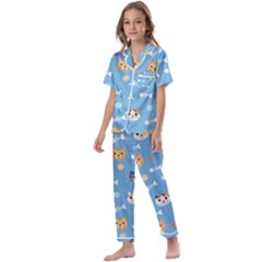 Cute Cat Pattern Kids  Satin Short Sleeve Pajamas Set