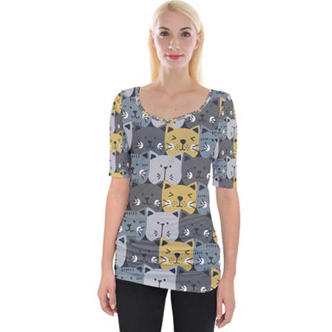 Cute Cat Pattern Wide Neckline Tee by ExtraGoodSauce