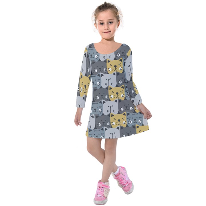 Cute Cat Pattern Kids  Long Sleeve Velvet Dress