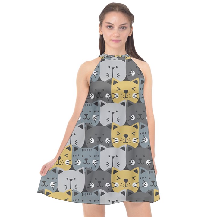 Cute Cat Pattern Halter Neckline Chiffon Dress 