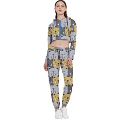 Cute Cat Pattern Cropped Zip Up Lounge Set