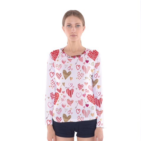 Beautiful Hearts Pattern Cute Cakes Valentine Women s Long Sleeve Tee by designsbymallika