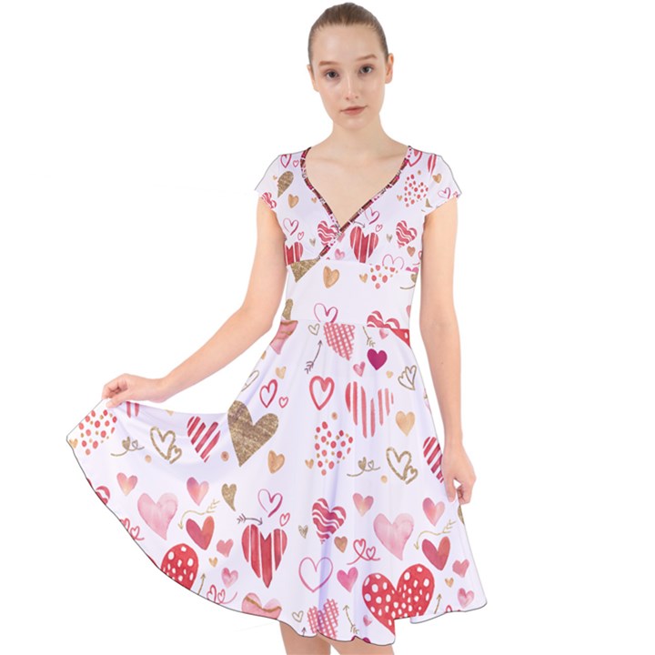 Beautiful Hearts Pattern Cute Cakes Valentine Cap Sleeve Front Wrap Midi Dress