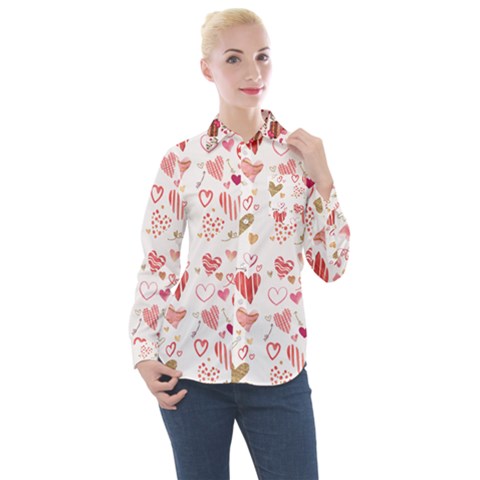 Beautiful Hearts Pattern Cute Cakes Valentine Women s Long Sleeve Pocket Shirt by designsbymallika