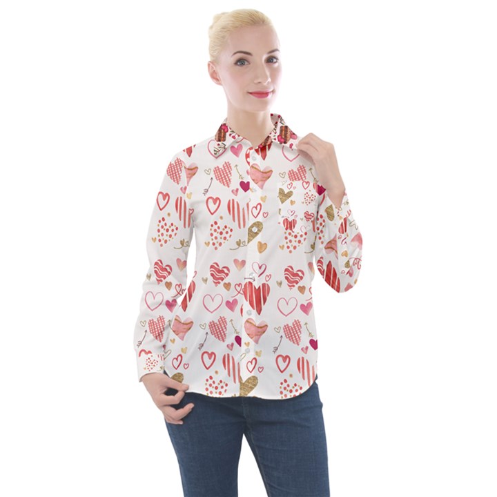 Beautiful Hearts Pattern Cute Cakes Valentine Women s Long Sleeve Pocket Shirt