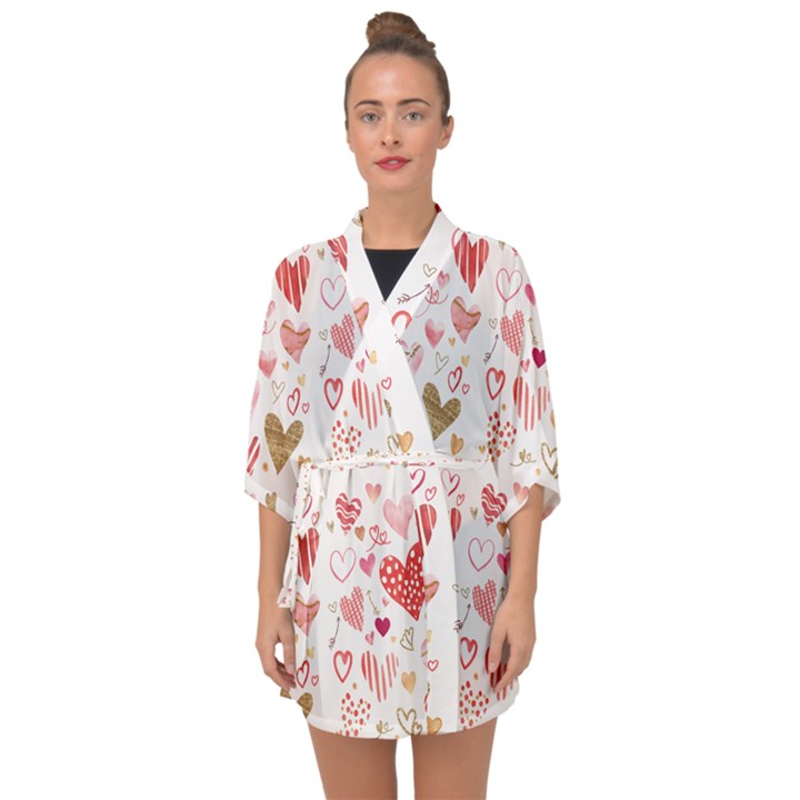 Beautiful Hearts Pattern Half Sleeve Chiffon Kimono