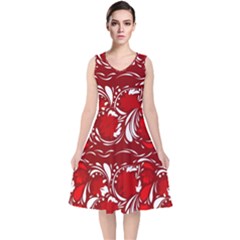 Red Ethnic Flowers V-neck Midi Sleeveless Dress  by Eskimos