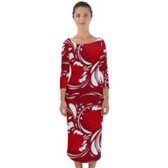 Red Ethnic Flowers Quarter Sleeve Midi Bodycon Dress by Eskimos