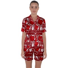 Red Ethnic Flowers Satin Short Sleeve Pajamas Set by Eskimos