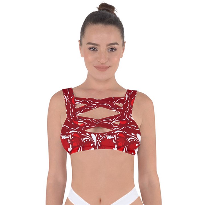 Red ethnic flowers Bandaged Up Bikini Top