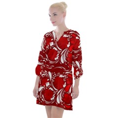 Red Ethnic Flowers Open Neck Shift Dress by Eskimos