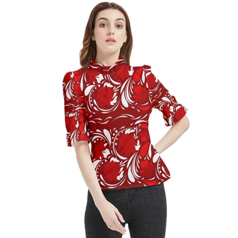 Red Ethnic Flowers Frill Neck Blouse by Eskimos