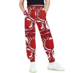 Red Ethnic Flowers Kids  Elastic Waist Pants