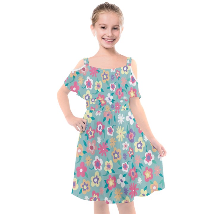 Floral Pattern Kids  Cut Out Shoulders Chiffon Dress