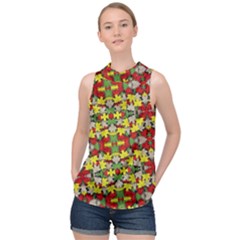 Leaves Pattern High Neck Satin Top by ExtraGoodSauce